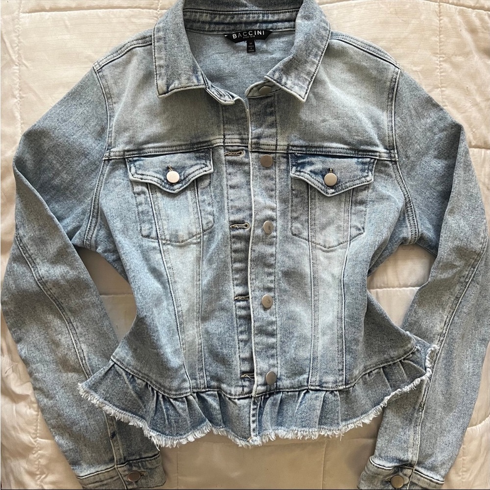 Light Blue Denim Jean Jacket with Flare distressed Pleated Bottom Edge hem